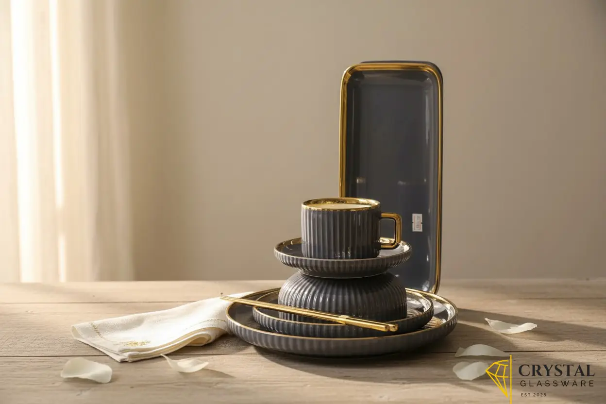 Multicolour 32-piece ceramic dinner set featuring a ribbed texture and gold trim